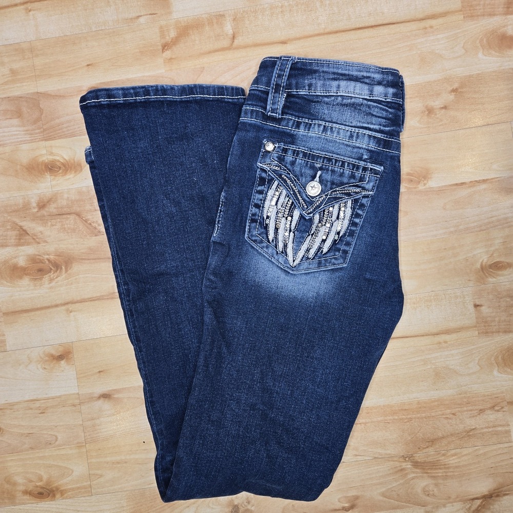 Stella in‎ Dreams Mid Rise Bootcut Dark Wash Jeans 5/27 Embellished Pockets Y2K